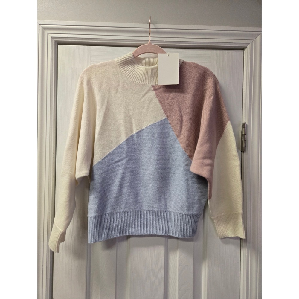 Petite Studio NYC Astrid Wool Sweater Colorblock Pink Blue‎ XXS NWT Mock Neck
